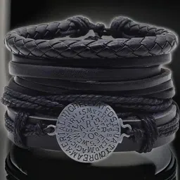 Black Leather Multi Strand Coin Wristband Bracelet For Men-image-83