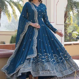 Fashion Basket Women Embroidered Sequined Fit and Flare Ethnic Dress With Dupatta-image-77