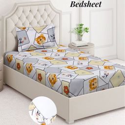 Aura White & Brown Cartoon Characters 350 TC Single Bedsheet with 1 Pillow Covers-image-51