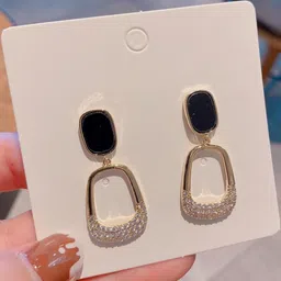 Celestique Cubic Zirconia Studded Korean Enamelled Oval Shaped Drop Earrings-picture-16