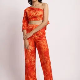 EROTISSCH Orange Tie and Dye One Shoulder Relaxed-Fit Top With Trouser-picture-8