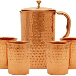 Hammered Copper Jug Pitcher With 4 Glass Tumbler, Drinkware & Serveware, 5 Pieces, Copper, Brown Jug Glass Set-image-13