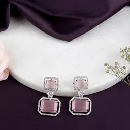 LA FILLE D'OR Silver-Plated Cubic Zirconia Studded Square Shaped Drop Earrings-image-88