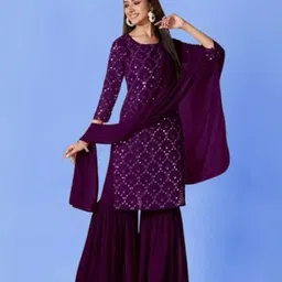 PARROT CREATION Geometric Embroidered Round Neck Sequinned Kurta with Sharara & Dupatta-image-6