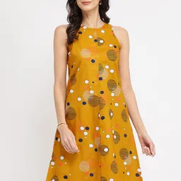 Pink Fort Women Yellow Cotton Geometric Printed A-Line Dress-image-5