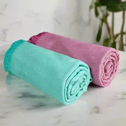 Heelium Peach-Coloured & Teal 2 Pieces Striped Printed Bamboo 250 GSM Bath Towels-10
