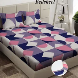 Arrabi Cream-Coloured & Pink Geometric 300 TC King Bedsheet with 2 Pillow Covers-picture-1