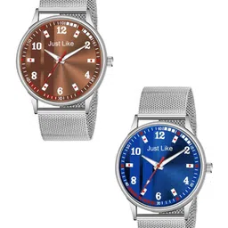 JUST LIKE Men Dial & Bracelet Style Straps Analogue Watch 1003 All Slim Sefar Blue & Brown C-2-11