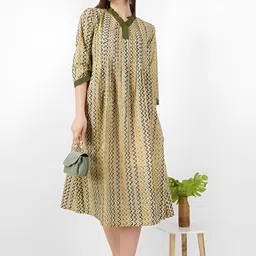 UNLOKALE Women Printed Mandarin Collar A-Line Dress-image-4