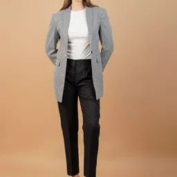INDOPHILIA Women Checked Pure Cotton Notched Lapel Collar Single Breasted Blazers-picture-28
