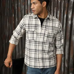 High Star Men Relaxed Spread Collar Tartan Checked Cotton Casual Shirt-picture-6