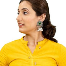 Shining Jewel - By Shivansh Silver-Plated CZ Studded Oxidised Contemporary Jhumkas-image-89