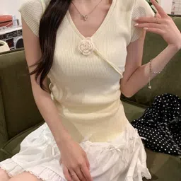 KPOP Women Cotton V-Neck Short Sleeves Top-image-30