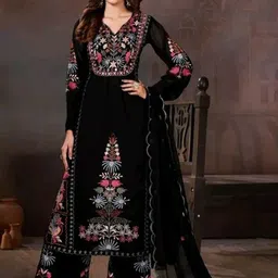 BLENDIFY Floral Embroidered Thread Work Georgette A-Line Kurta With Palazzos And Dupatta-picture-51