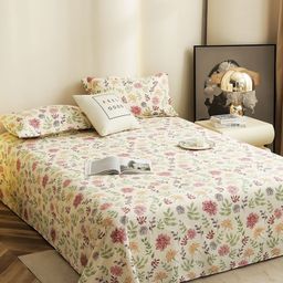 Story@home Off White Floral Printed 300 TC Microfiber King Bedsheet with 2 Pillow Covers-image-23