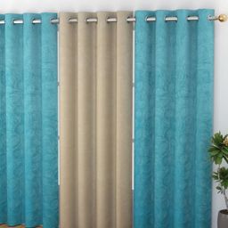 Banchmark Home Furnishings Haire Blue & Beige Set of 3 Room Darkening Long Door Curtain-10