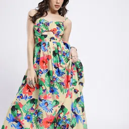 glitchez Girly Touch Pleated Cut-Out Smocked Floral Printed Fit & Flare Dress-image-5