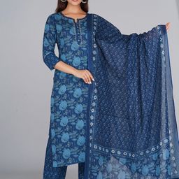 Neemiya Floral Printed Thread Work Pure Cotton Kurta With Trouser & Dupatta-image-11