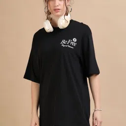 MORSE CODE Typography Printed Oversized Pure Cotton T-shirt-1