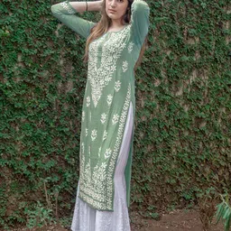 KALINI Women Embroidered Round Neck Mandarin Collar Kurta-image-39