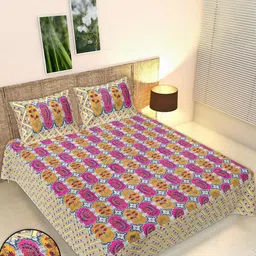 Monik Handicrafts Brown & Pink Floral 210 TC Super King Bedsheet with 2 Pillow Covers-picture-34