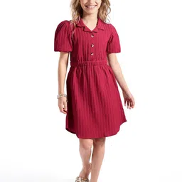 Hola Bonita Girls Shirt Collar Fit & Flare Self Design Dress-14