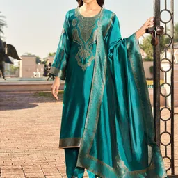 Stylee LIFESTYLE Embellished Pure Silk Unstitched Dress Material-image-11
