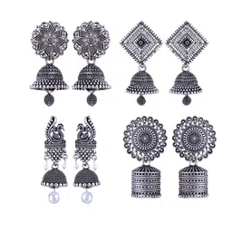 DIVASTRI Set Of 4 Silver-Plated Peacock Shaped Oxidised Jhumkas-50