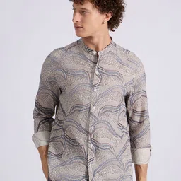 Espanshe Men Abstract Printed Band Collar Pure Cotton Casual Shirt-image-34