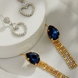 DressBerry Set Of 2 Gold Heart Shaped Rhodium-Plated & Blue Stone Studded Drop Earrings-picture-45