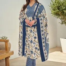 SZN Women Floral Printed Regular Pure Cotton Kurta with Trousers With Dupatta-picture-8
