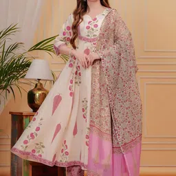 KALINI Floral Printed Regular Pure Cotton Anarkali Kurta With Trousers & Dupatta-picture-23