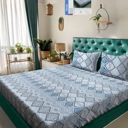 KLOTTHE Blue Floral 400 TC Pure Cotton Double Bedsheet in Book Fold Packing-image-91