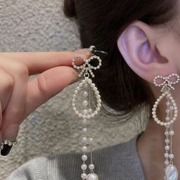 Estailo fashion Artificial Stones Studded And Beaded Tasselled Teardrop Drop Earrings-image-85