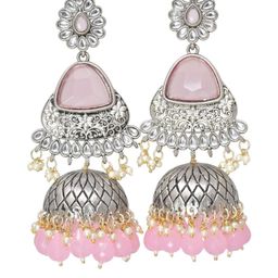 MEIRA JEWELLERY German Silver -Plated Stones Studded & Beaded Oxidised Dome Shaped Jhumkas-picture-5