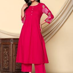 AUTUMN LANE Mika Cerise Floral Embroidered Thread Work A-Line Kurta With Palazzos-41