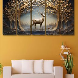 Livin'luxe Gold-Toned & Brown 5 Pieces Canvas Animals Wall Paintings-image-57
