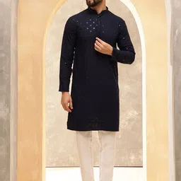 Anouk Navy Blue Floral Embroidered Mandarin Collar Sequins Straight Kurta-12
