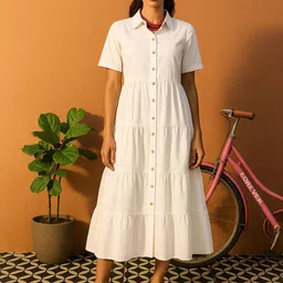 Pink Paprika by SASSAFRAS Women Solid Shirt Collar Fit & Flare Dress-image-81