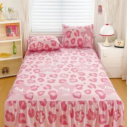 JC HOME Pink & White Abstract Printed 150 TC Fitted Queen Bedsheet with 2 Pillow Covers-image-97