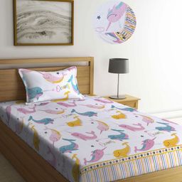Aura White & Blue Cartoon Characters 350 TC Single Bedsheet with 1 Pillow Covers-image-70