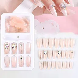 Coslifestore Set Of 24 Artificial Press On Nails With Stone Design -Nude image 1
