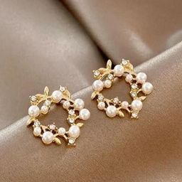 PASU FASHION Gold-Plated Artificial Stones Studded & Beaded Circular Shaped Drop Earrings-27
