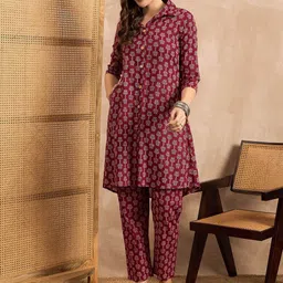 ANEKYA Floral Printed Shirt Collar Three-Quarter Sleeves Pure Cotton Top With Trouser-picture-35
