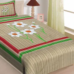 POORAK Sea Green & Beige Jaipuri Print 104 TC Single Bedsheet with 1 Pillow Covers-image-80
