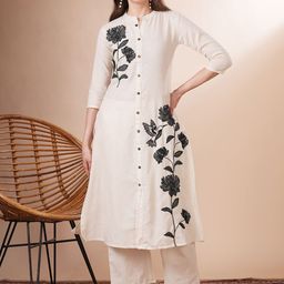 FASHOR Solid Floral Threadwork Embroidered A-Line Kurta & Trousers Co-ord Set-image-79