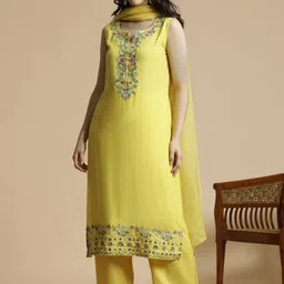 Anouk Floral Embroidered Notch-Neck Regular Straight Kurta with Palazzo-36