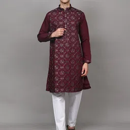 Exotic India Men Floral Embroidered Regular Kurta with Pyjamas-image-23