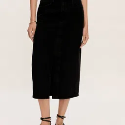 MANGO Pure Cotton Front Slit Denim Straight Skirt-image-57