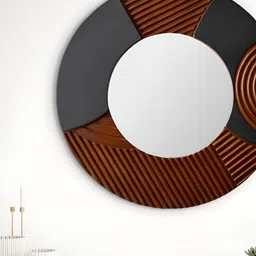 Home Centre Brown Textured Wooden Round Mirrors-54